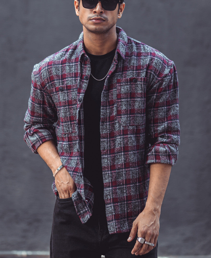 Wine Checks Pocket Oversize Drop Shoulder Shirt