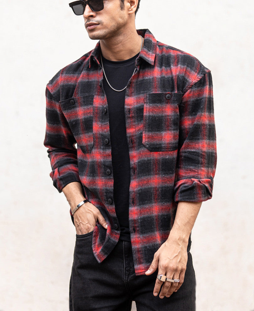 Red Pocket Checks Oversize Drop Shoulder Shirt