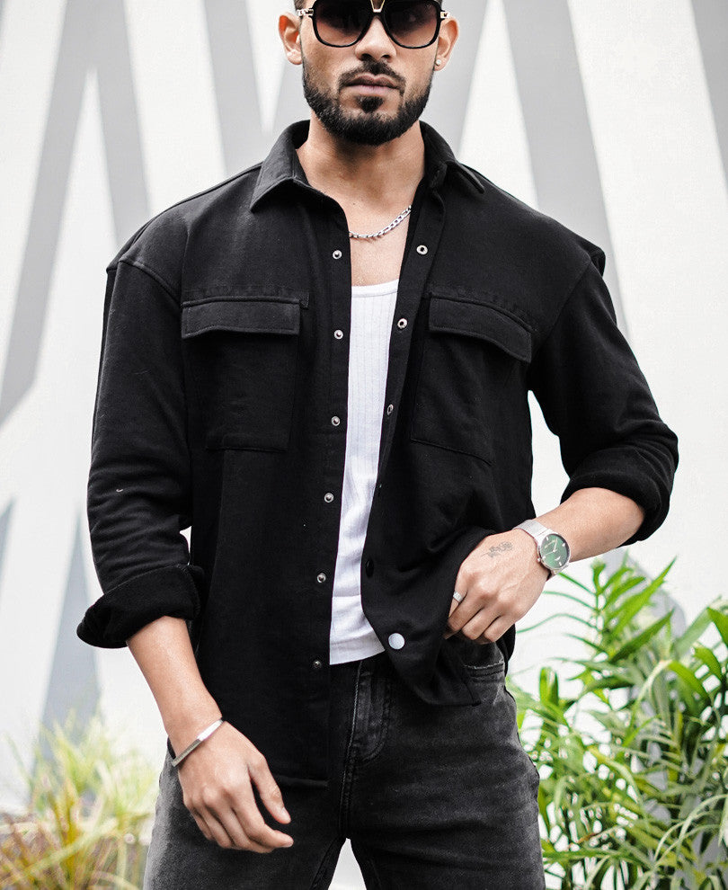 Black Chest Pocket Oversize Drop Shoulder Shirt D