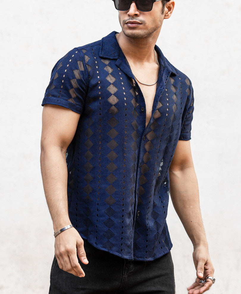 Navy Blue Sheer Pattern Half Sleeves Shirt