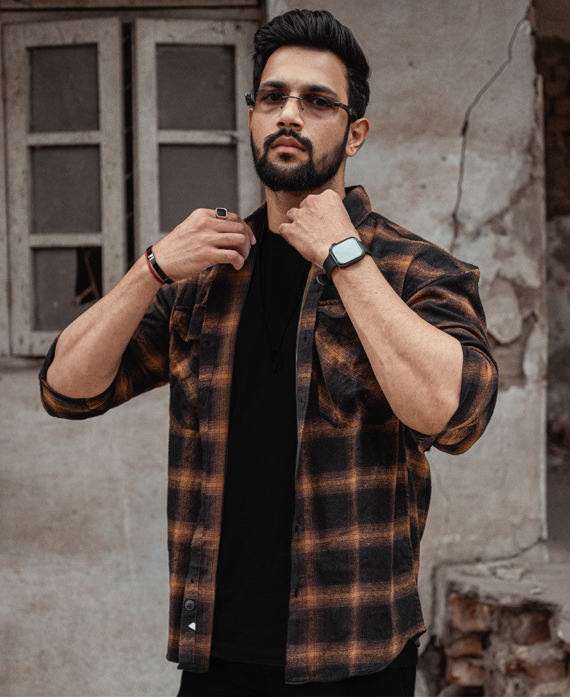 Brown Plaid Checks Oversize Drop Shoulder Shirt