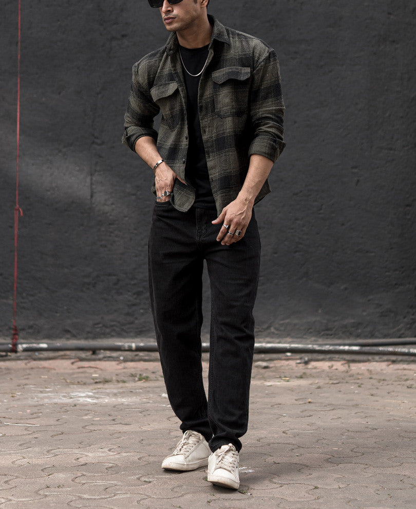 Olive Green Pocket Checked Oversize Drop Shoulder Shirt