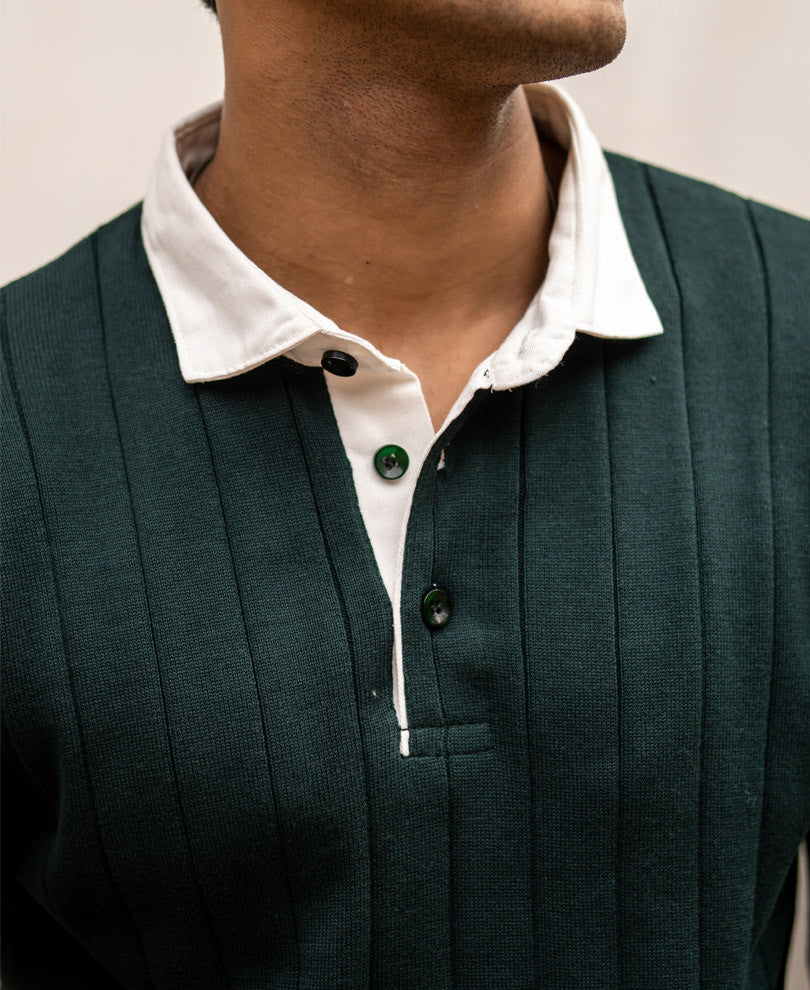 Bottle Green Polo Collar Full Sleeves Sweatshirt