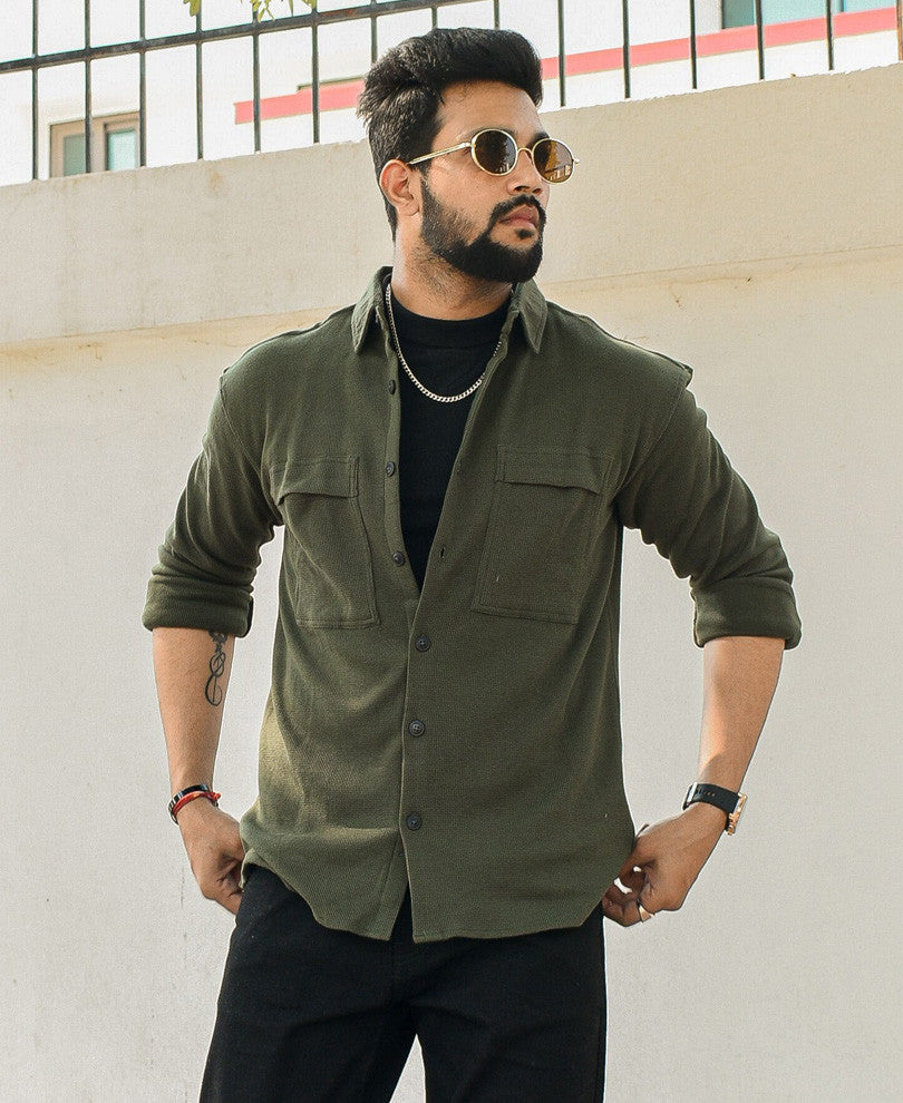 Dark Green Chest Pocket Oversize Drop Shoulder Shirt