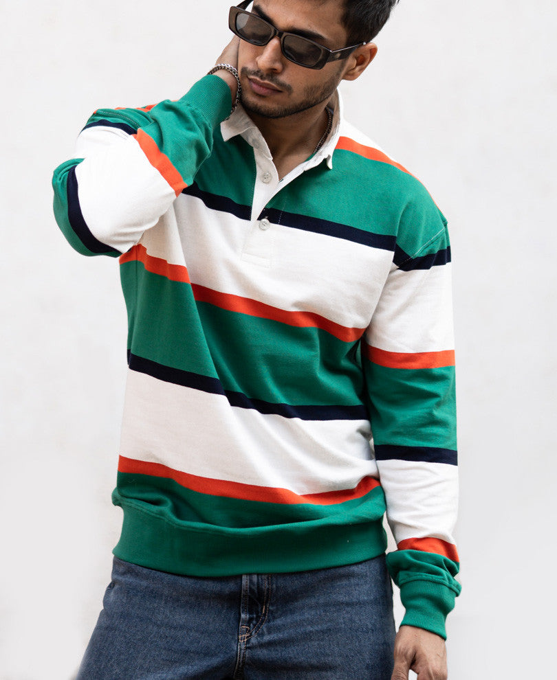Green Striped Polo Collar Full Sleeves Sweatshirt