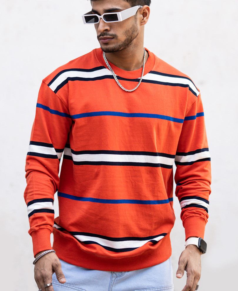 Orange Striped Full Sleeves Sweatshirt