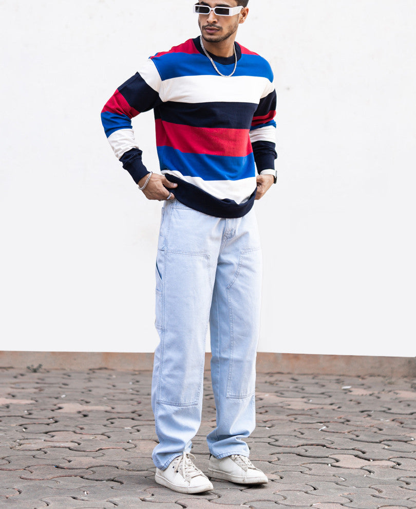 Multi Striped Oversize Drop Shoulder Sweatshirt