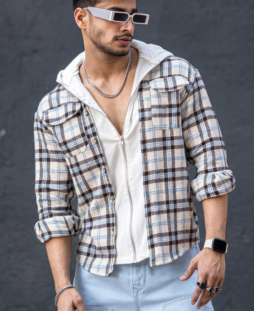 Cream Check Hoodie Zipper Oversize Drop Shoulder Shirt
