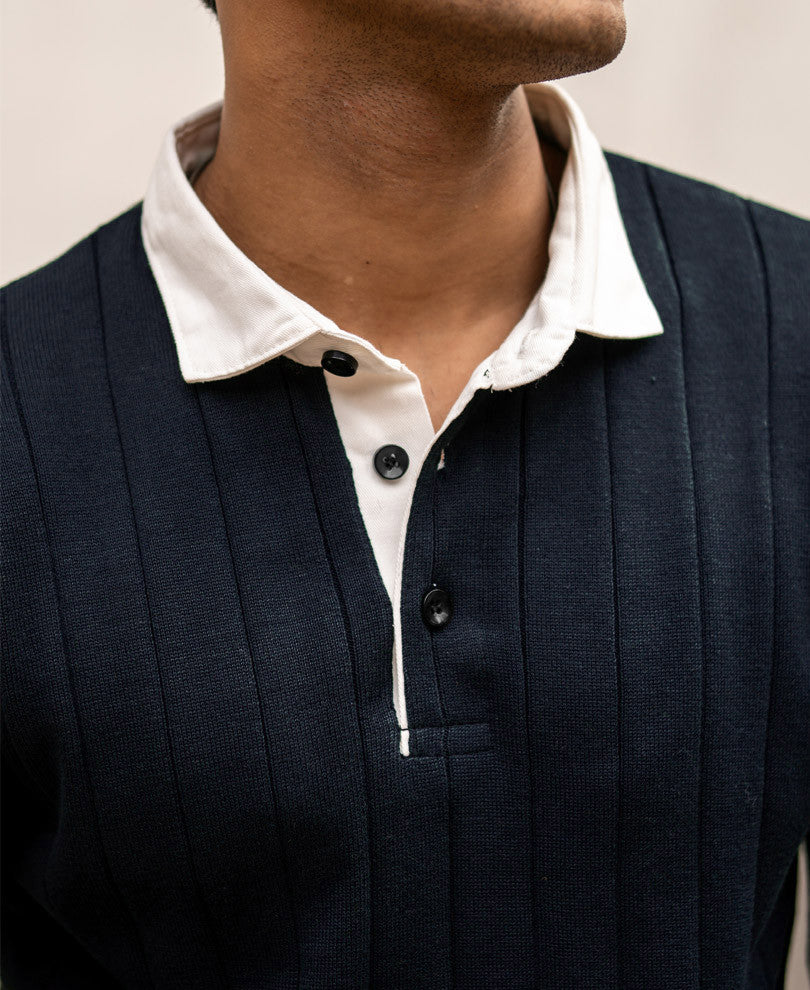 Navy Blue Polo Collar Full Sleeves Sweatshirt