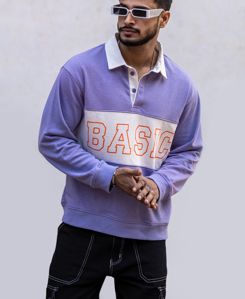 Purple Basic Print Collar Oversize Drop Shoulder T Shirt