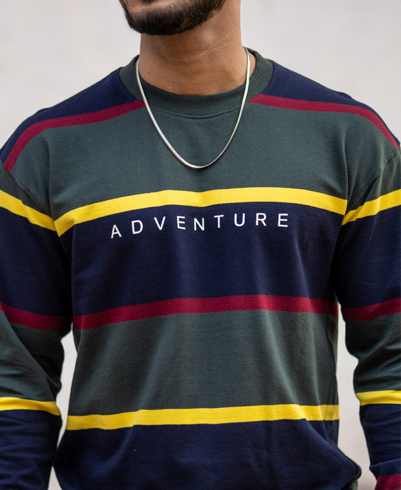 Olive And Navy Blue Stripes Oversize Drop Shoulder T Shirt