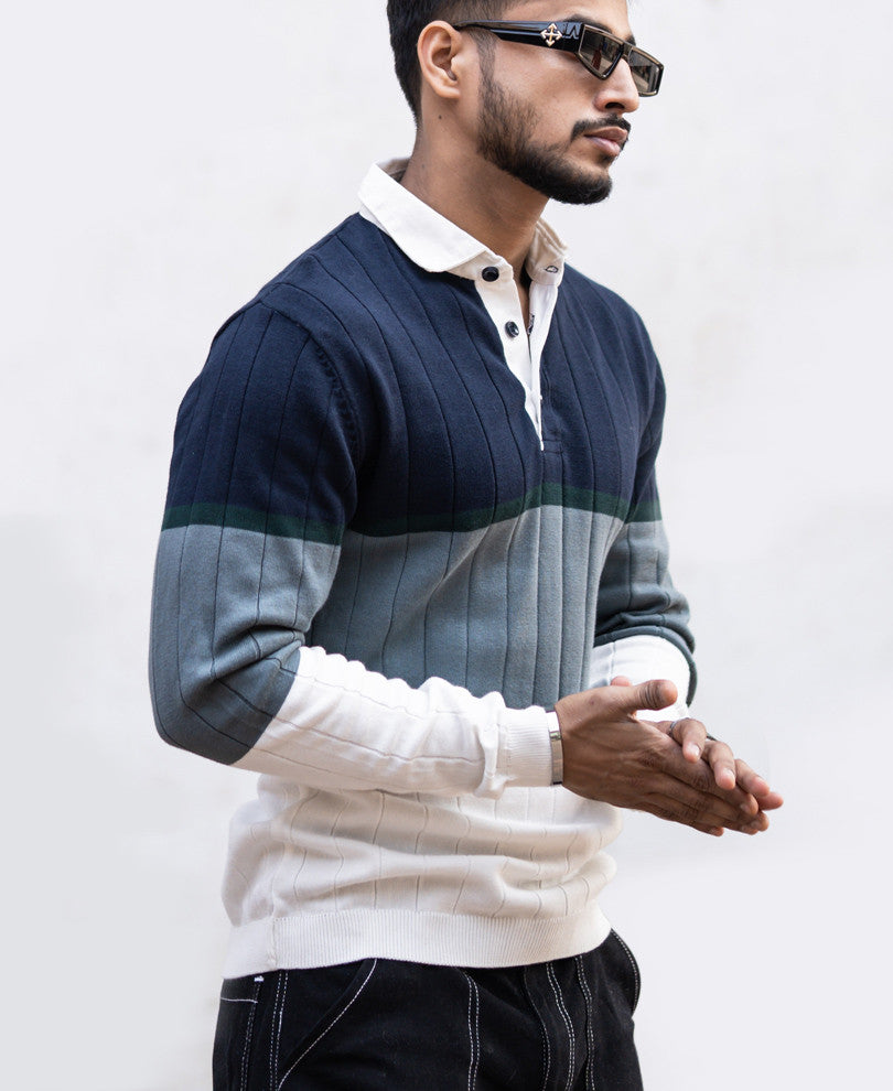Navy Blue Panel Polo Collar Sweatshirt