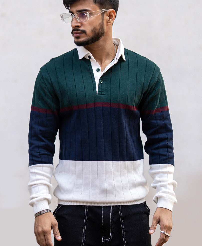 Olive Green Panel Polo Collar Sweatshirt