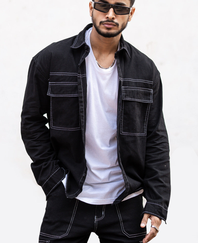 Black Contrast Stitch Oversize Drop Shoulder Shirt D