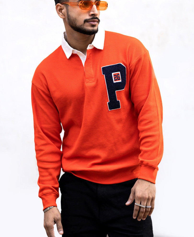 Orange Polo Collar Oversize Drop Shoulder Sweatshirt