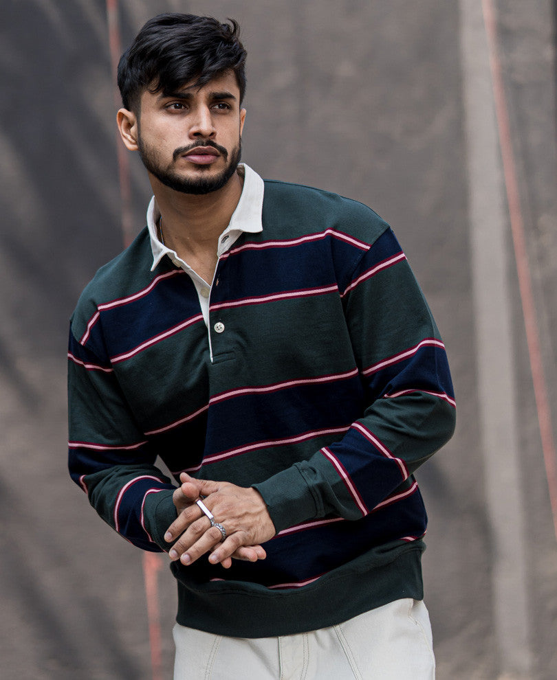 Olive Green Striped Oversize Drop Shoulder T Shirt