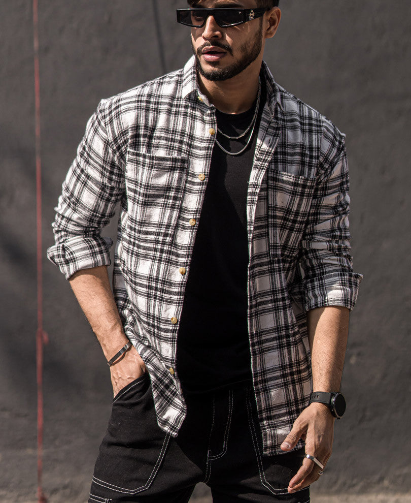 White Plaid Checks Oversize Drop Shoulder Shirt