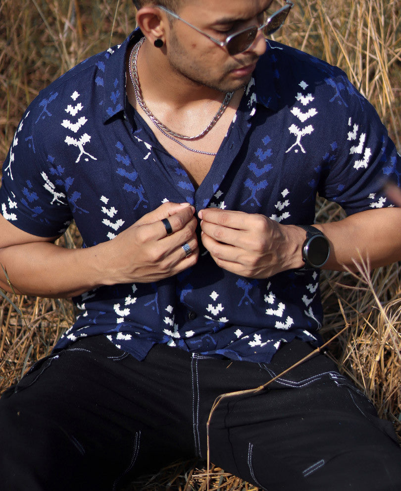 Navy Blue Ethnic Motif Print Half Sleeves Shirt