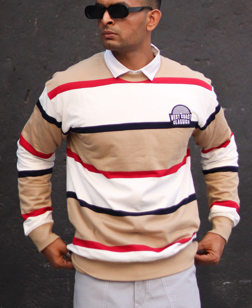 Beige Stripes Oversize Drop Shoulder T Shirt