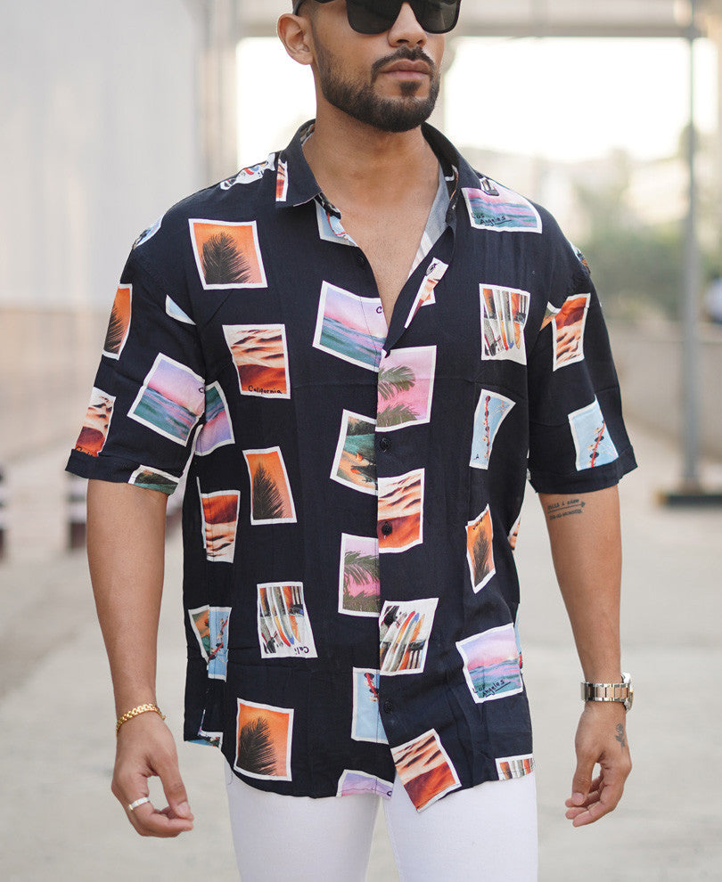 Black Beach Print Oversize Drop Shoulder Shirt