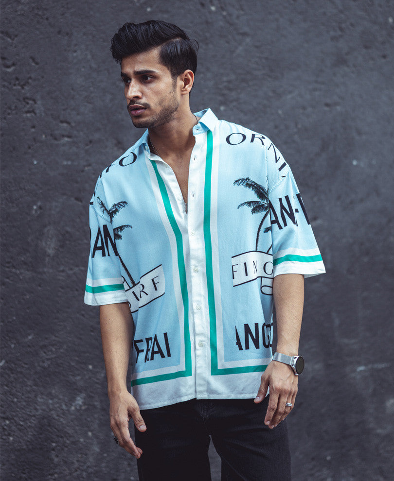 Sky Blue California Print Oversize Drop Shoulder Shirt
