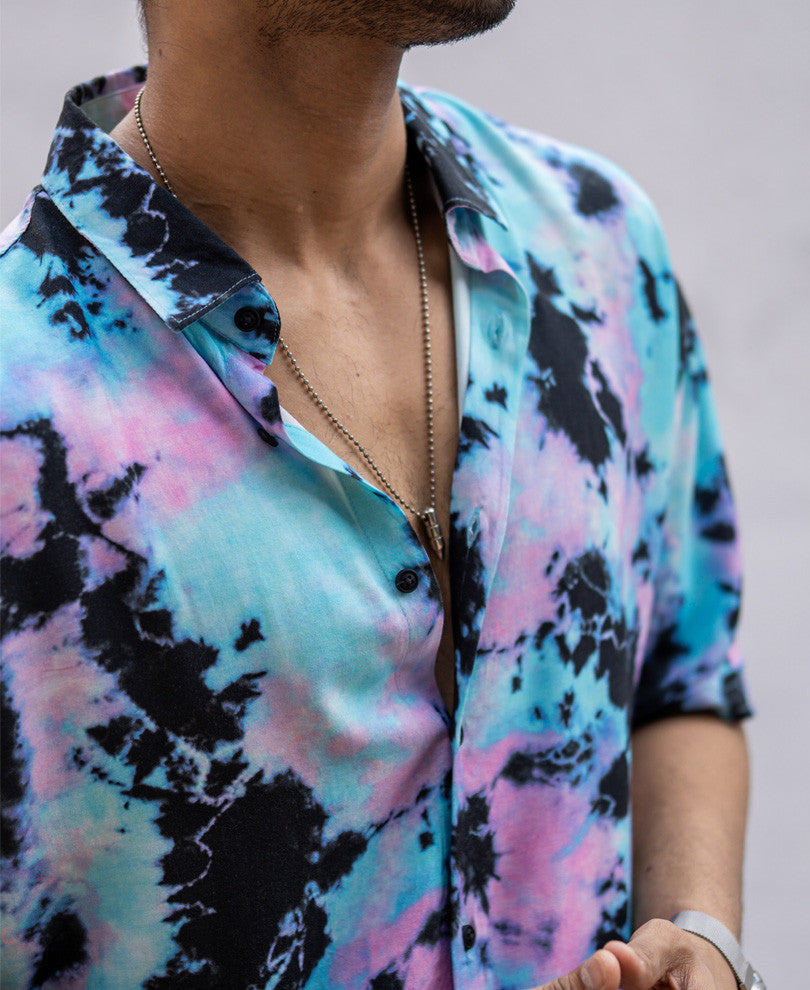 Cyan Tie Dye Print Oversize Drop shoulder Shirt