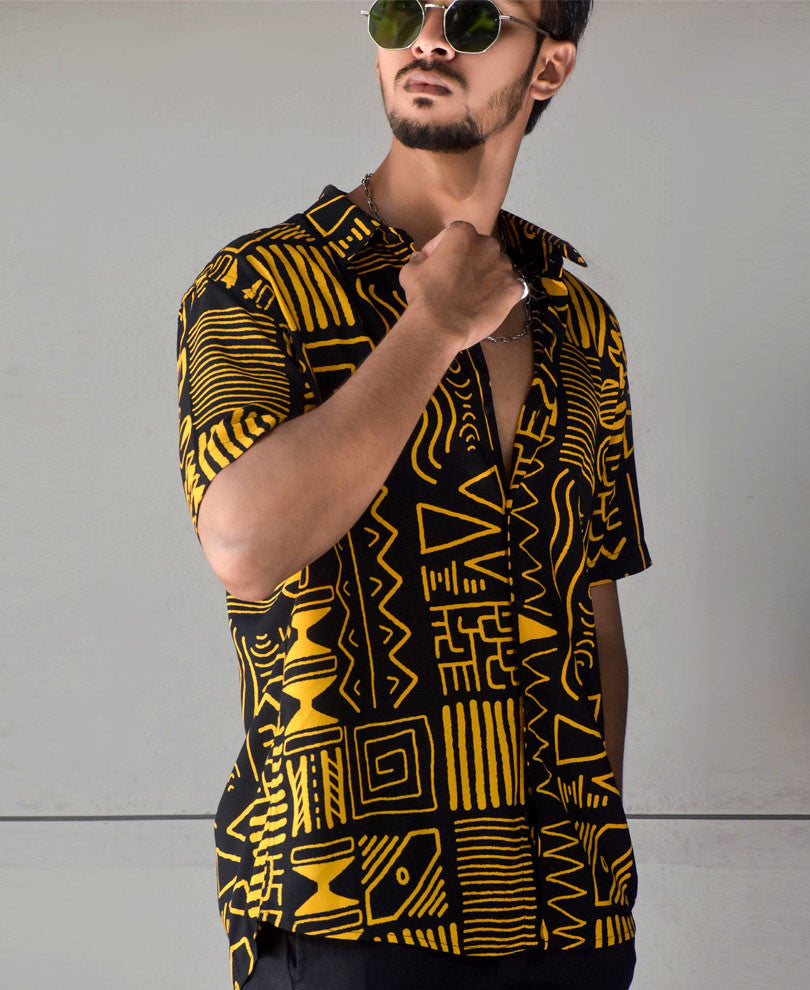 Mustard Geometric Print Half Sleeves Shirt
