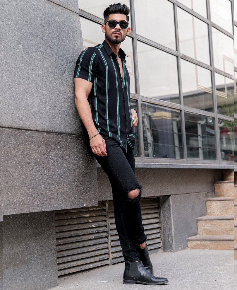Black And Olive Green Vertical Stripe Half Sleeves Shirt