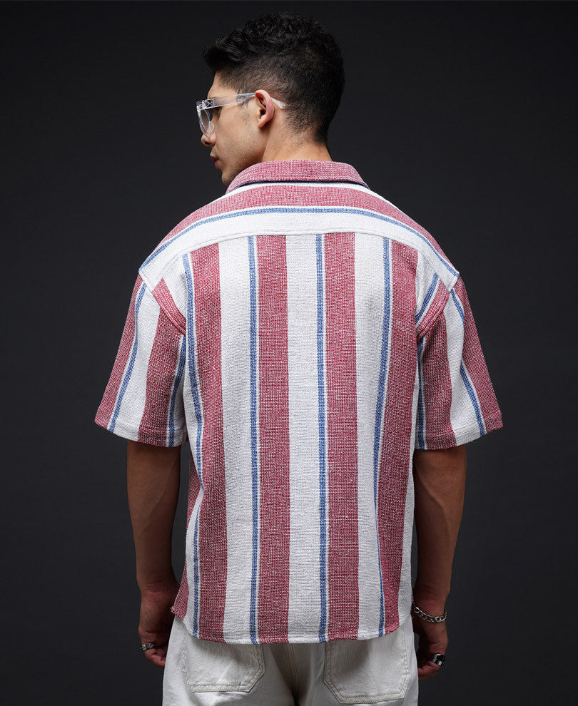 Red Striped Structured Oversize Drop Shoulder Shirt