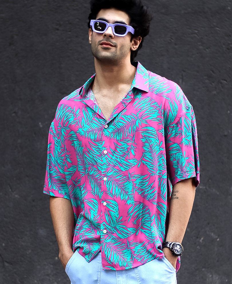 Pink And Green Leaves Print Oversize Drop Shoulder Shirt