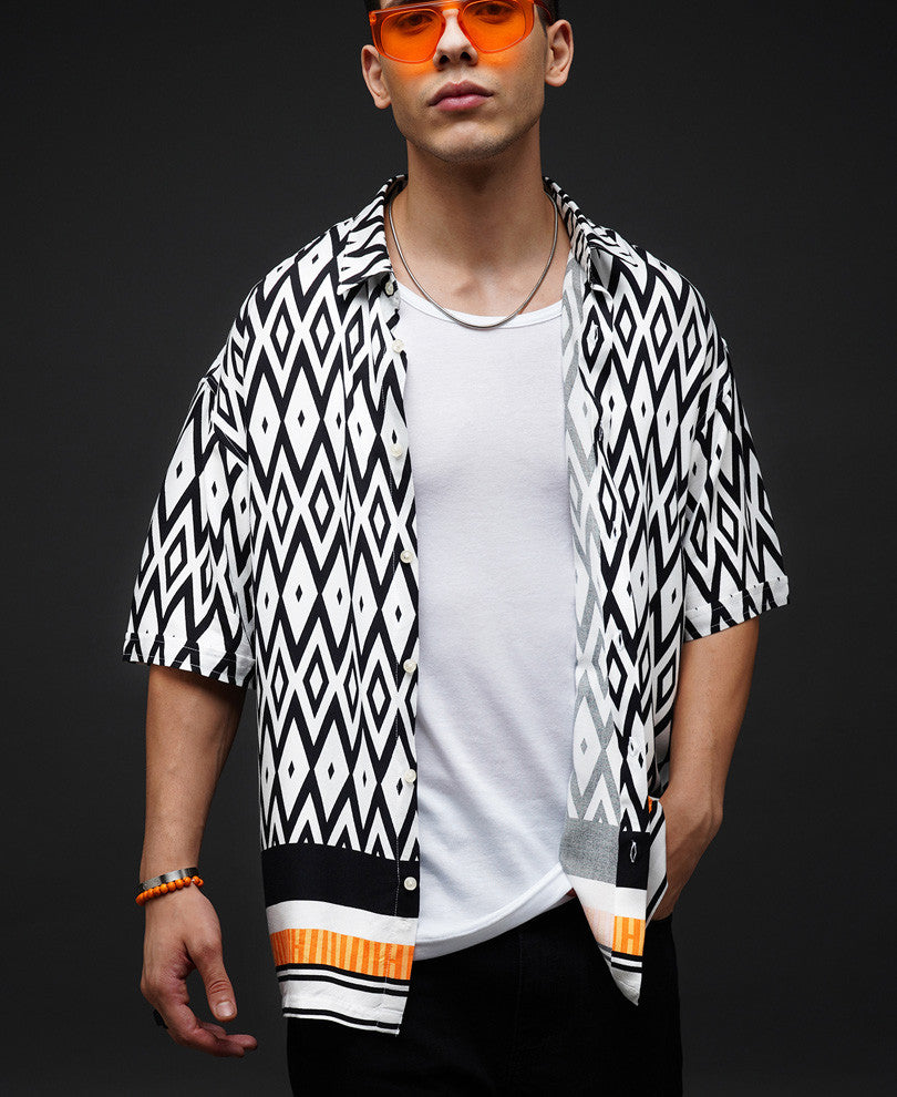 White Geo Print Oversize Drop Shoulder Shirt