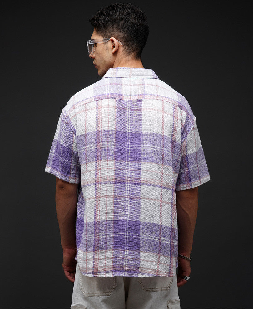 Purple Pocket Check Oversize Drop Shoulder Shirt