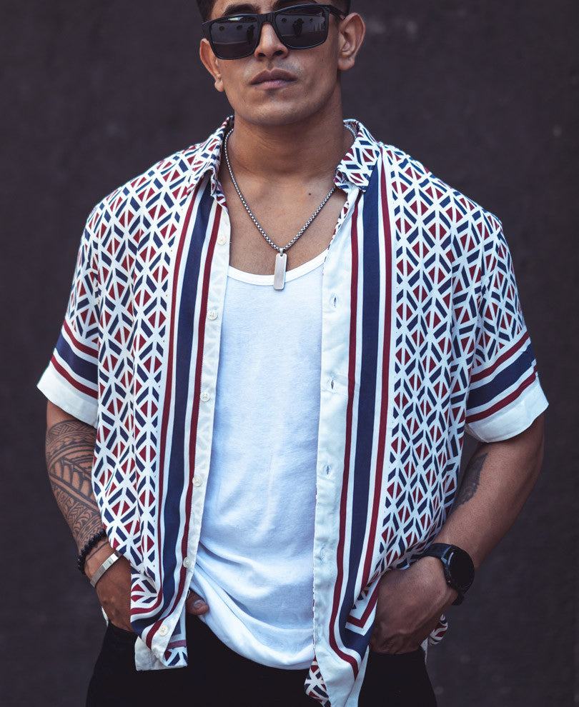 White Geo Print Half Sleeves Shirt