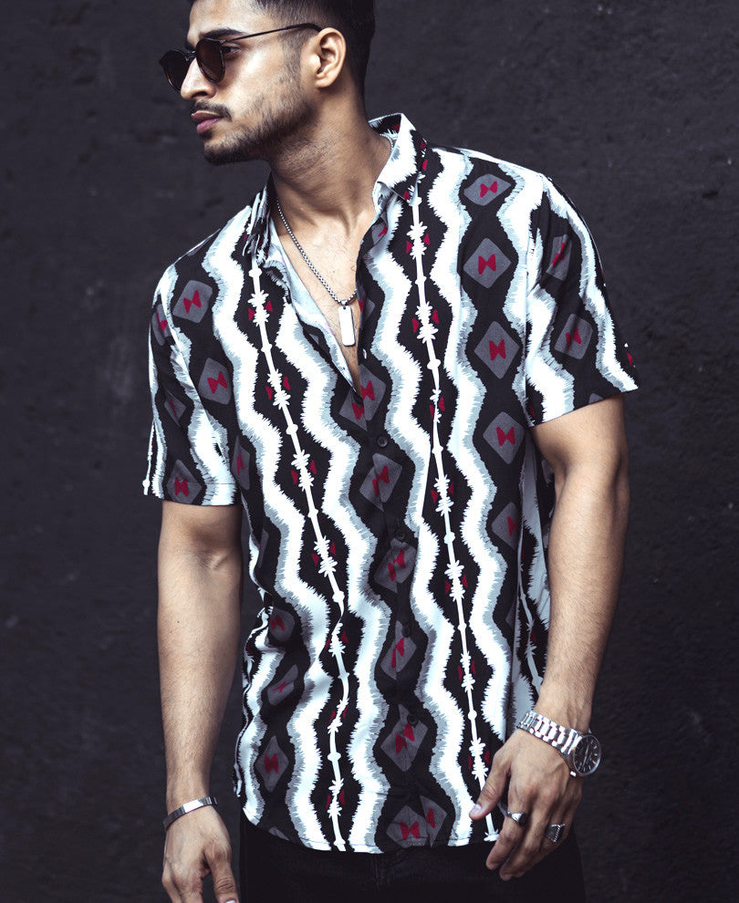 Black Ikat Print Half Sleeves Shirt