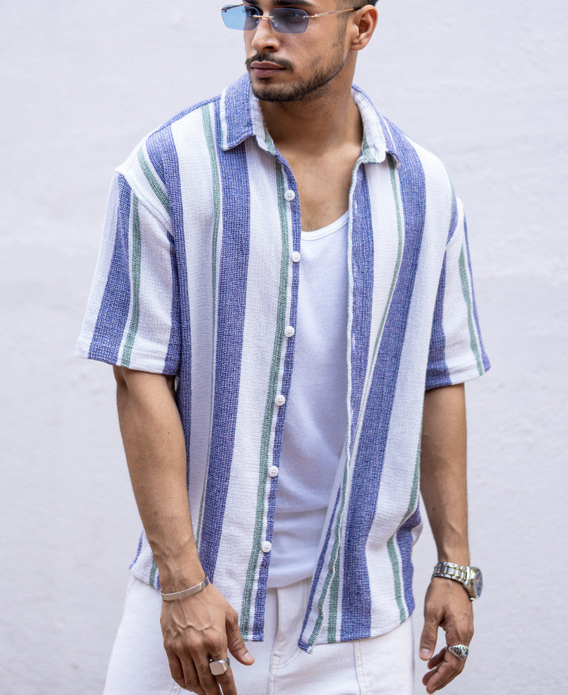 Purple Vertical Stripes Structured Oversize Drop Shoulder Shirt