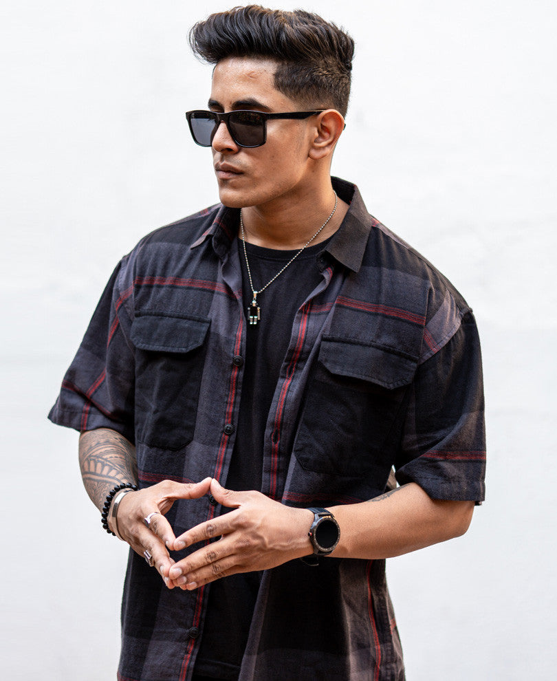 Dark Grey Checks Oversized Shirt