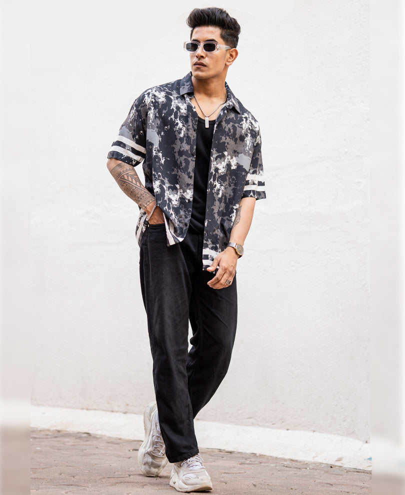 Black Tie Dye Print Oversize Drop Shoulder Shirt