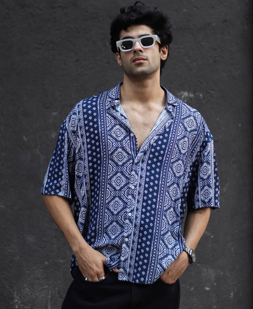 Navy Blue Ethnic Print Oversize Drop Shoulder Shirt