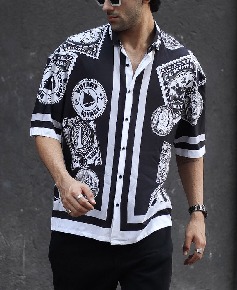 Black Voyage Print Oversize Drop Shoulder Shirt