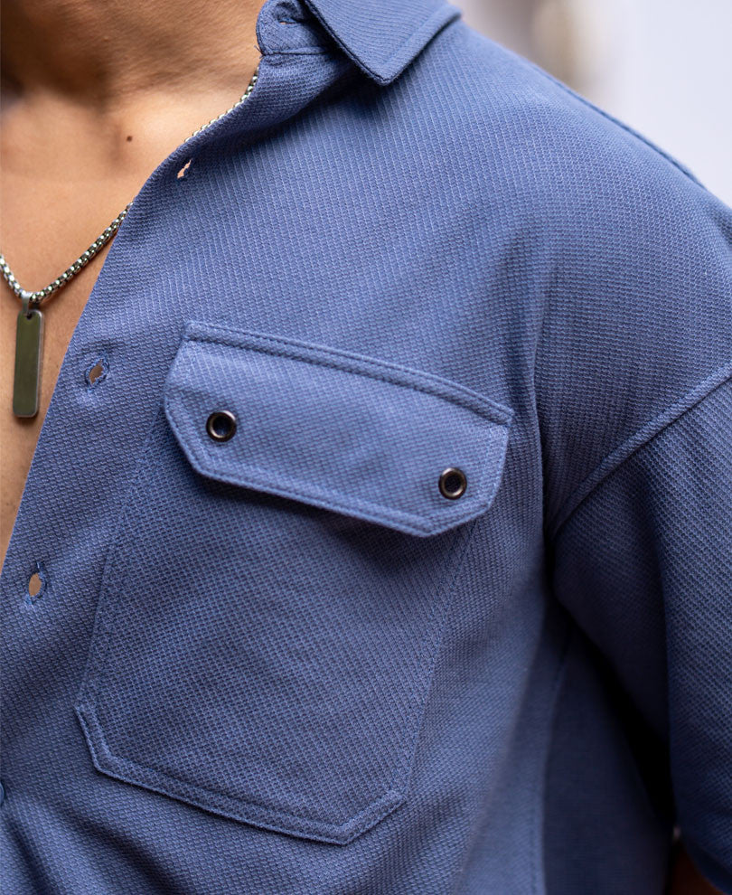 Grey Flap Pocket Knitted Oversize Drop Shoulder Shirt
