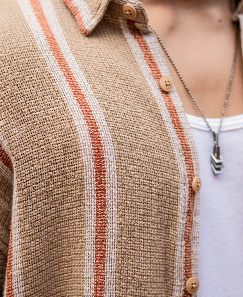Beige Striped Structured Oversize Drop Shoulder Shirt