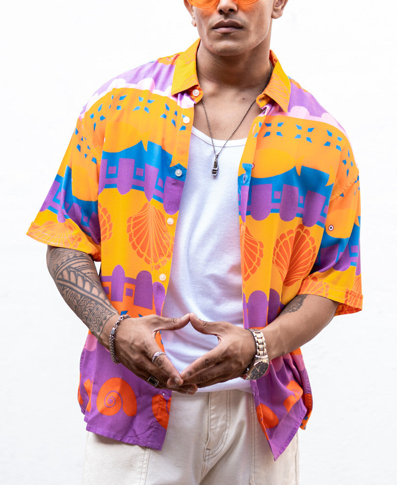 Multi Color Seashell Print Oversize Drop Shoulder Shirt