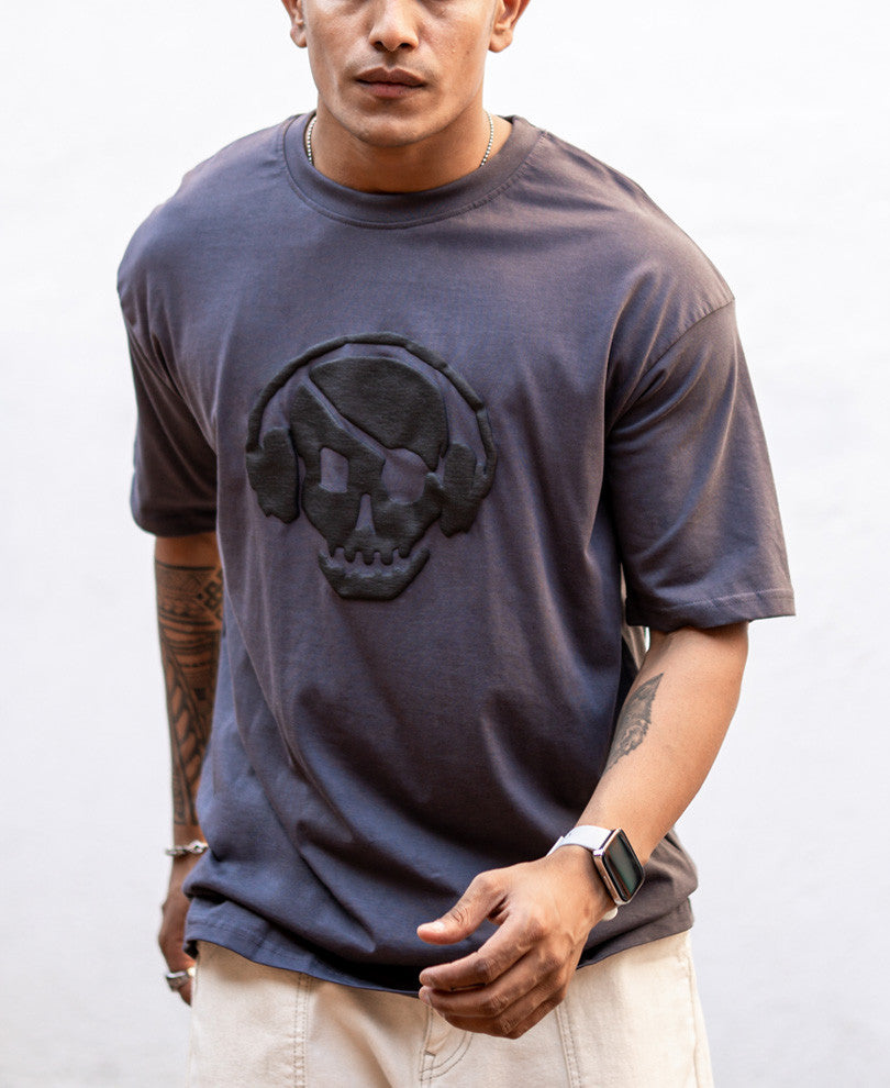 Dark Grey Lost Yourself In Music Back Print Oversize Drop Shoulder T Shirt