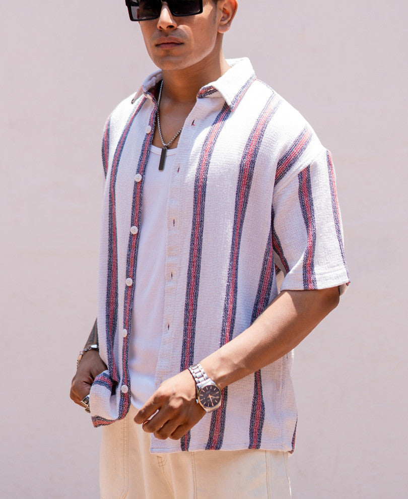 White Striped Structured Oversize Drop Shoulder Shirt