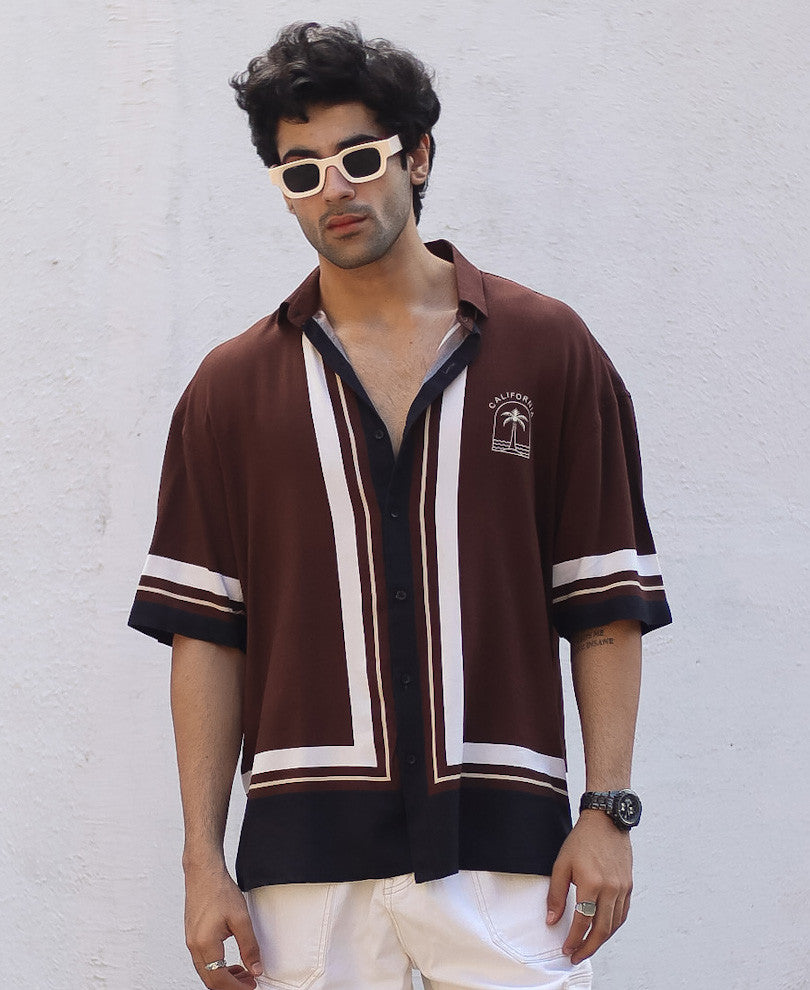 Brown California Back Print Oversize Drop Shoulder Shirt