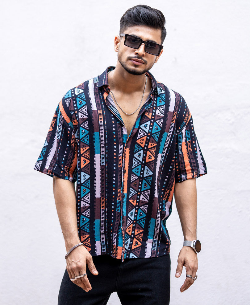 Multi Color Ethnic Print Oversize Drop Shoulder Shirt
