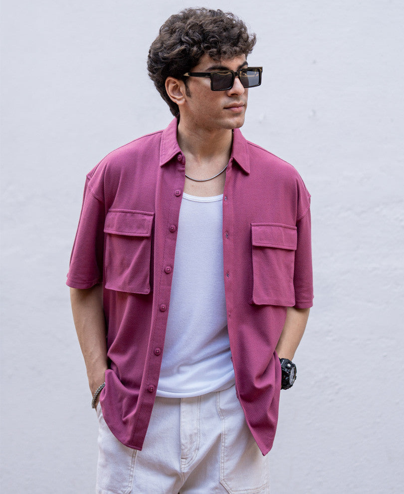 Pink Chest Pocket Knitted Oversize Drop Shoulder Shirt
