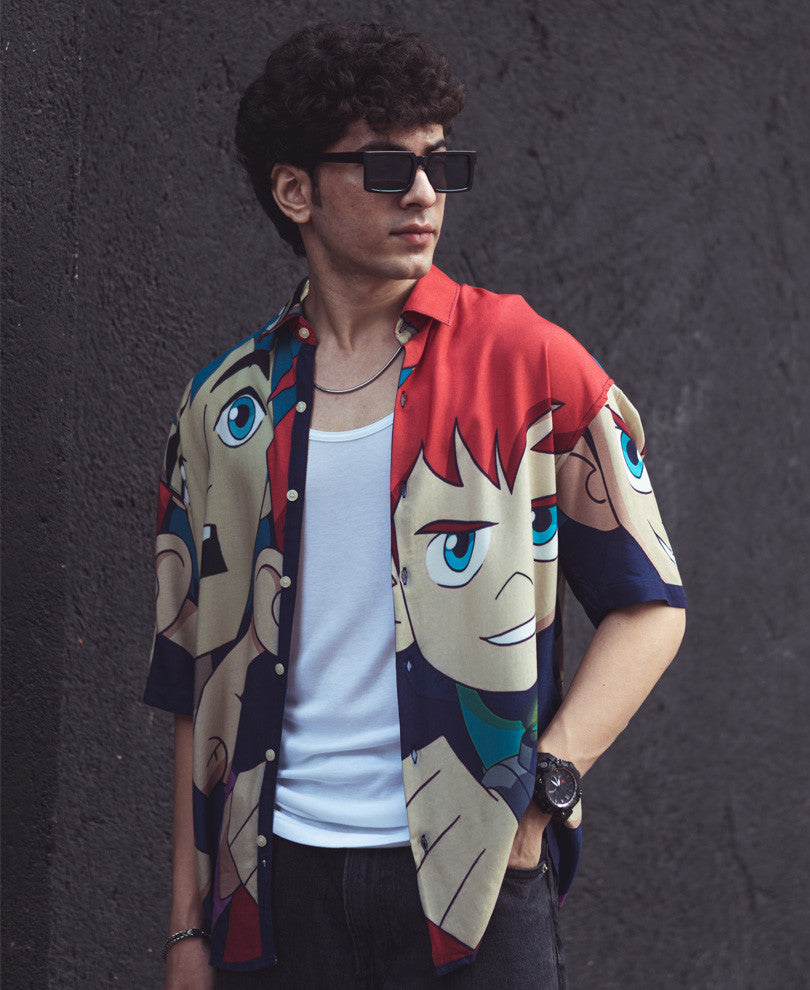 Mix Color Cartoon Print Oversize Drop Shoulder Shirt