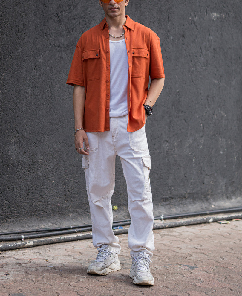 Orange Flap Pocket Knitted Shacket Oversize Drop Shoulder Shirt