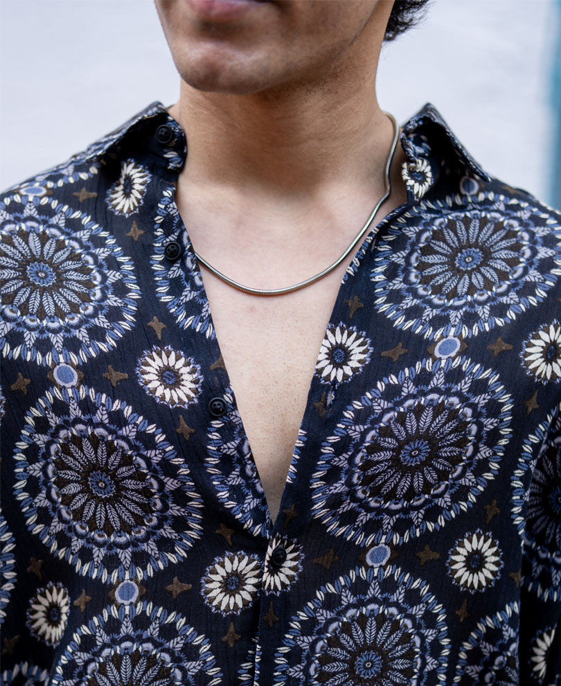 Navy Blue Floral Print Full Sleeves Shirt